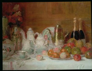 Stilleben med frukt- och champagneflaskor